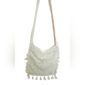 BOHO Lace And Tassel Crossbody Bag In Cream. NWT